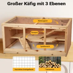 Wiltec XXL 3 Etagen Nagerkäfig, 4-eckig, 1150 x 600 x 580 mm, aus Holz, mit klappbarem Deckel & Sichtfenster, Kleintierhaus Mäusekäfig Hamsterkäfig