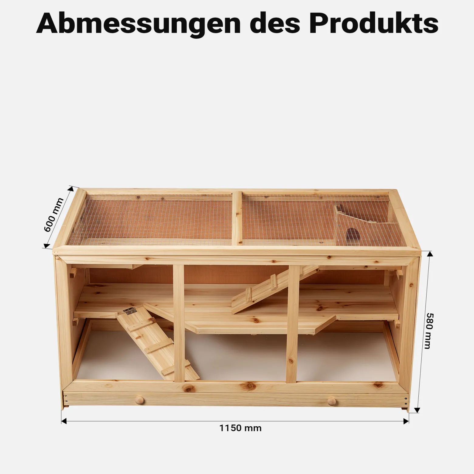 Wiltec XXL 3 Etagen Nagerkäfig, 4-eckig, 1150 x 600 x 580 mm, aus Holz, mit klappbarem Deckel & Sichtfenster, Kleintierhaus Mäusekäfig Hamsterkäfig