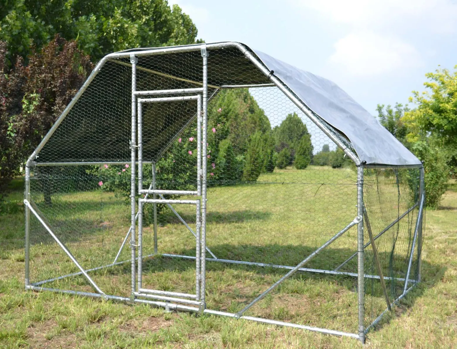 Wiltec XXL Freilaufgehege 2 x 3 x 2 m mit Sonnendach und verzinkten Gitterstäben, Außengehege als Voliere Hühnerstall oder Hasenstall, Kleintiergehege mit Riegel