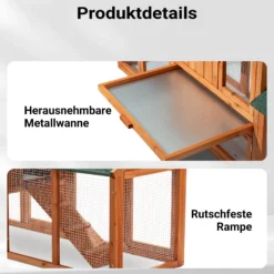 Wiltec XXL Hasenstall 2110 x 530 x 835 mm mit Freilaufgehege und erhöhtem Unterschlupf aus Kiefernholz, Kaninchenkäfig mit 2 Etagen, Kleintierstall