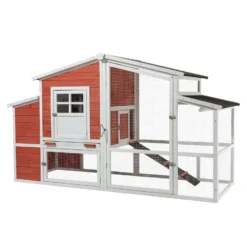 Wiltec XXL Hühnerstall 2010 x 813 x 1165 mm rot-weiß mit Freilauf und Nistkasten aus Fichtenholz, Hühnerhaus mit Unterschlupf, Gitter und Kotwanne verzinkt