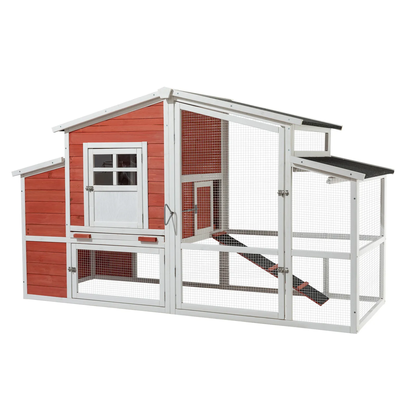 Wiltec XXL Hühnerstall 2010 x 813 x 1165 mm rot-weiß mit Freilauf und Nistkasten aus Fichtenholz, Hühnerhaus mit Unterschlupf, Gitter und Kotwanne verzinkt
