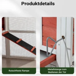Wiltec XXL Hühnerstall 2010 x 813 x 1165 mm rot-weiß mit Freilauf und Nistkasten aus Fichtenholz, Hühnerhaus mit Unterschlupf, Gitter und Kotwanne verzinkt