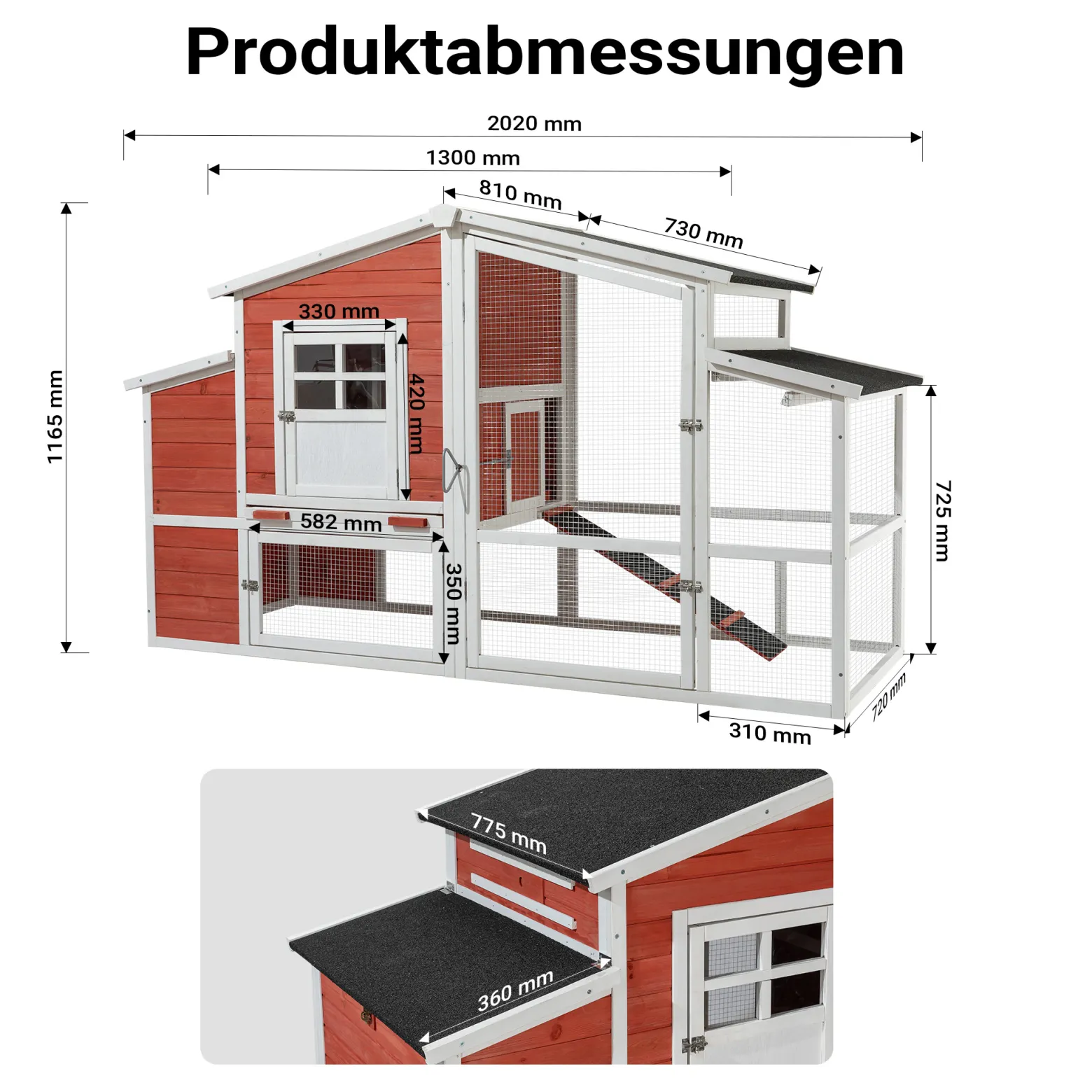 Wiltec XXL Hühnerstall 2010 x 813 x 1165 mm rot-weiß mit Freilauf und Nistkasten aus Fichtenholz, Hühnerhaus mit Unterschlupf, Gitter und Kotwanne verzinkt