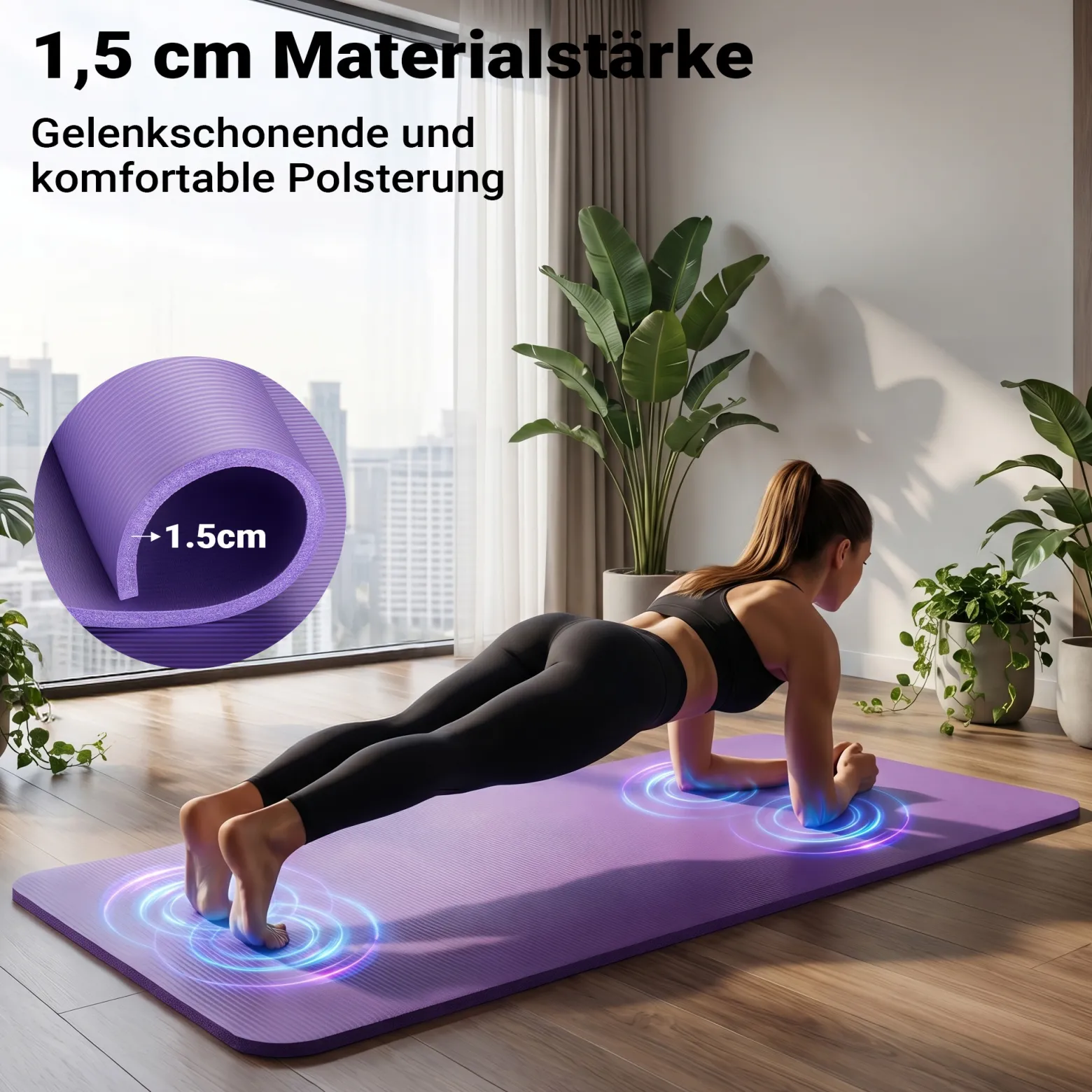 Wiltec Yogamatte violett 180x60x1,5cm Turnmatte Gymnastikmatte Bodenmatte rutschfest extradick Sport