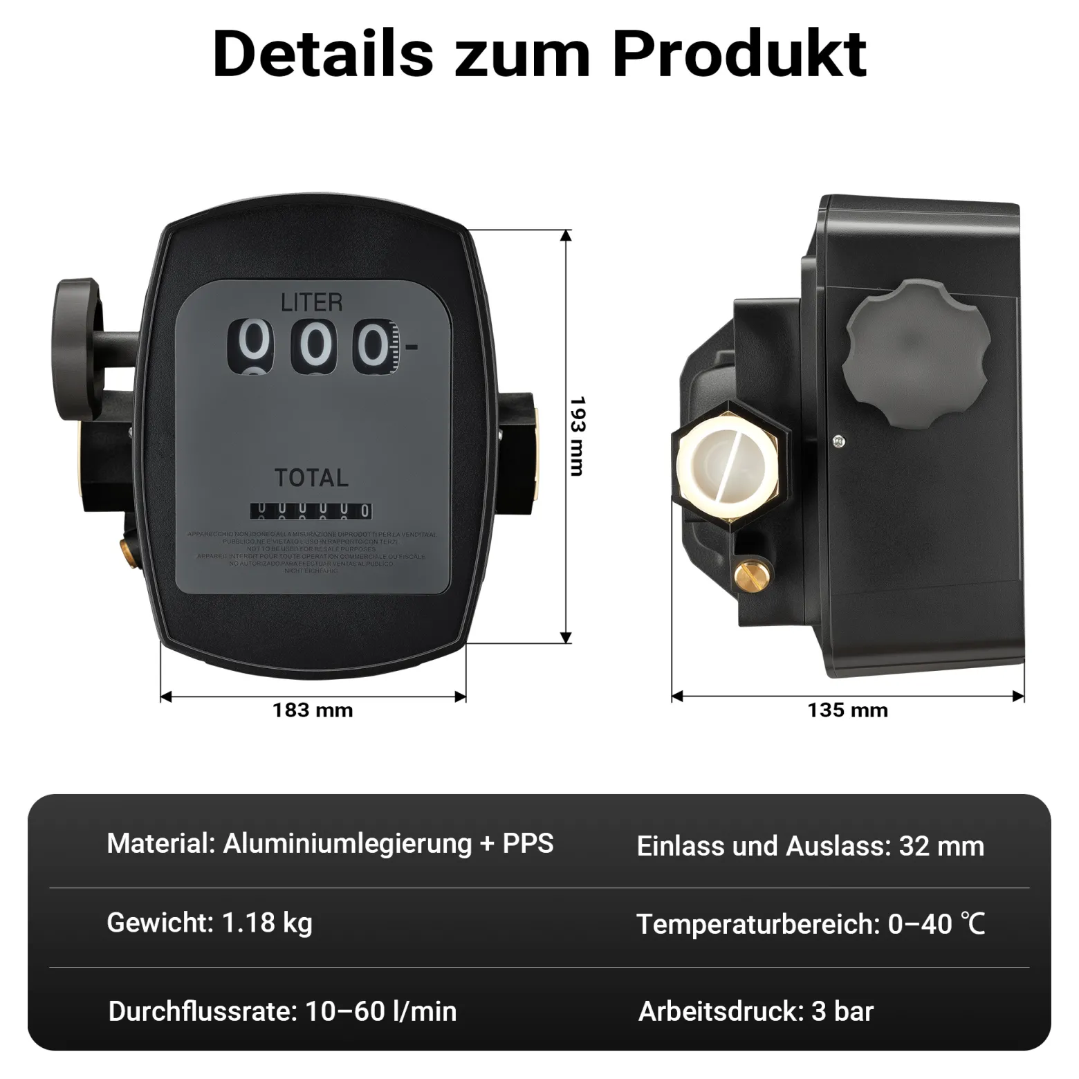 Wiltec Zähler für Diesel Heizöl 3 bar 10-60l/min mit 32mm (1") Anschlüssen und 1% Abweichung, für Heizölpumpen und Dieselpumpen