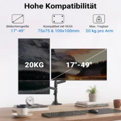 Wiltec Zweifach Monitorhalterung mit VESA-Platte für flache & gebogene Monitore, Bildschirmhalterung bis 20 kg, Monitorhalter mit Tischklemme