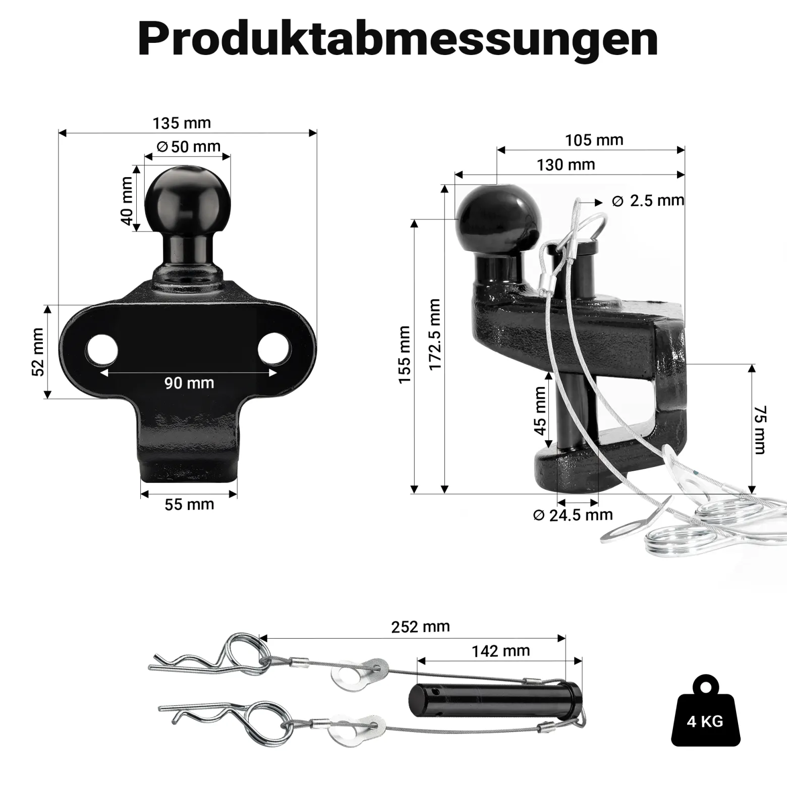 XPOtool Anhängerkupplung mit 50 mm Kugelkopf, 3,5 t Zugkraft, Anhängevorrichtung aus Stahl für Pkw Lkw Traktor, 2 Loch Anschraubplatte