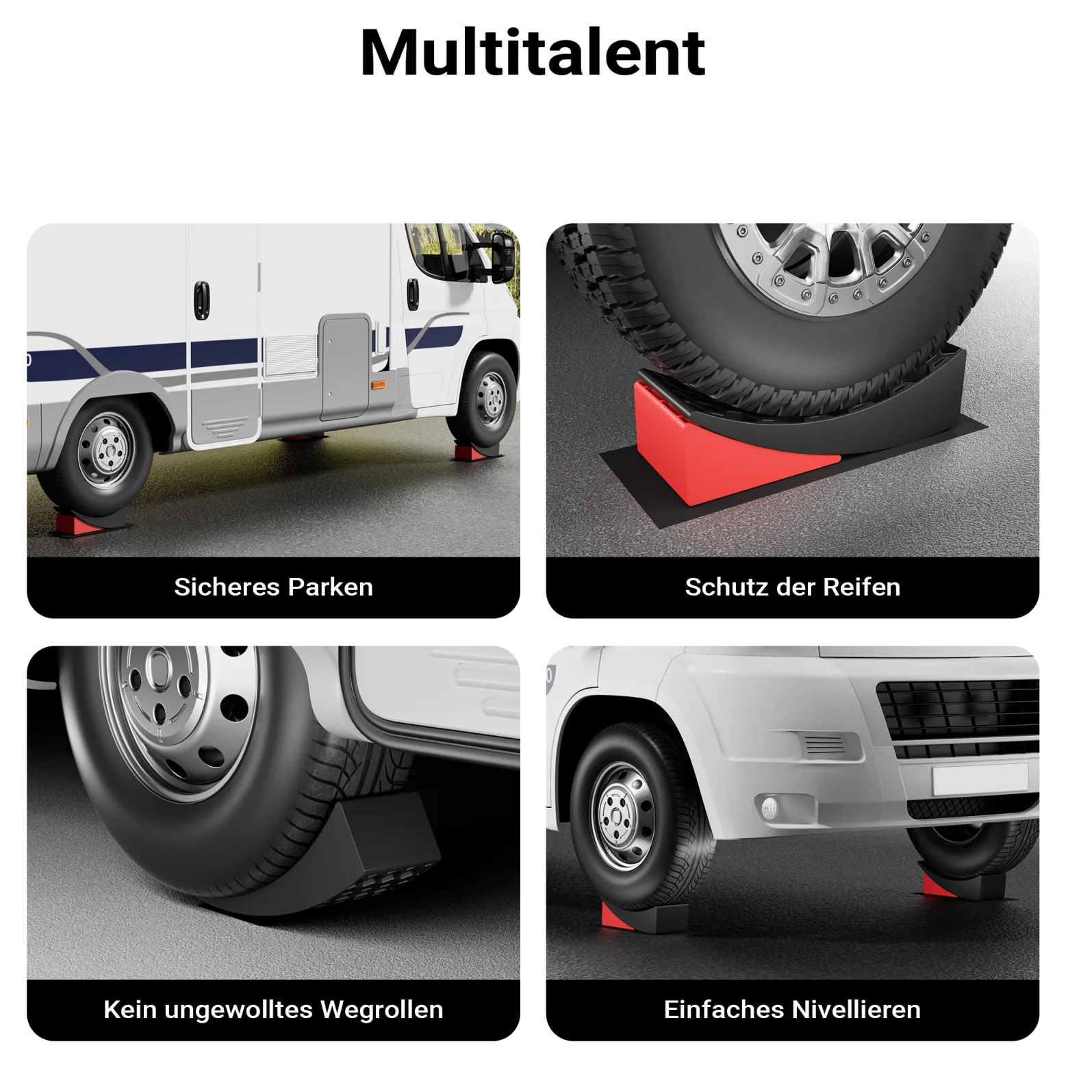 XPOtool Auffahrkeile rund mit T-Wasserwaage bis 13 t, Rundkeile nivellieren bis 10 cm für Wohnmobil, Wohnwagen & Anhänger, Ausgleichskeile mit Matten