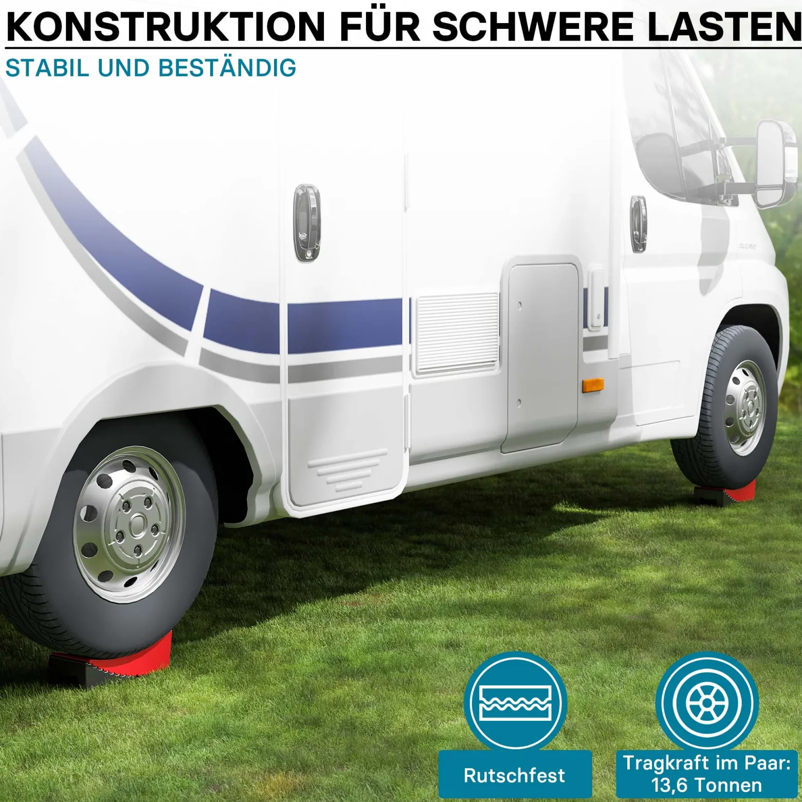 XPOtool Auffahrkeile Wohnmobil 10cm 13,6t Auffahrkeile Set mit 2 Rundkeilen, 2 Unterlegkeilen, 1 Gummimatte, 1 Wasserwaage für Wohnmobil und Wohnwagen