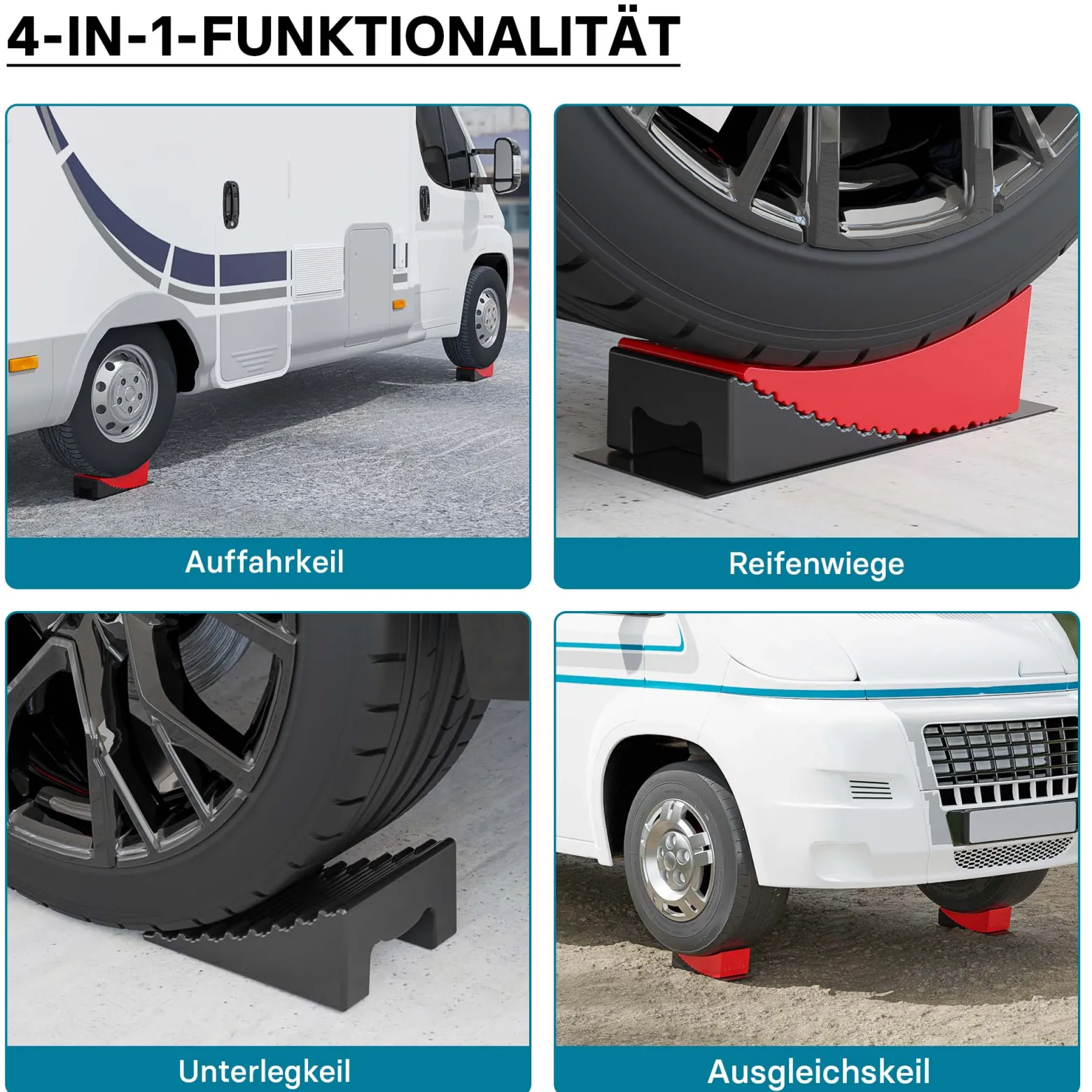 XPOtool Auffahrkeile Wohnmobil 10cm 13,6t Auffahrkeile Set mit 2 Rundkeilen, 2 Unterlegkeilen, 1 Gummimatte, 1 Wasserwaage für Wohnmobil und Wohnwagen