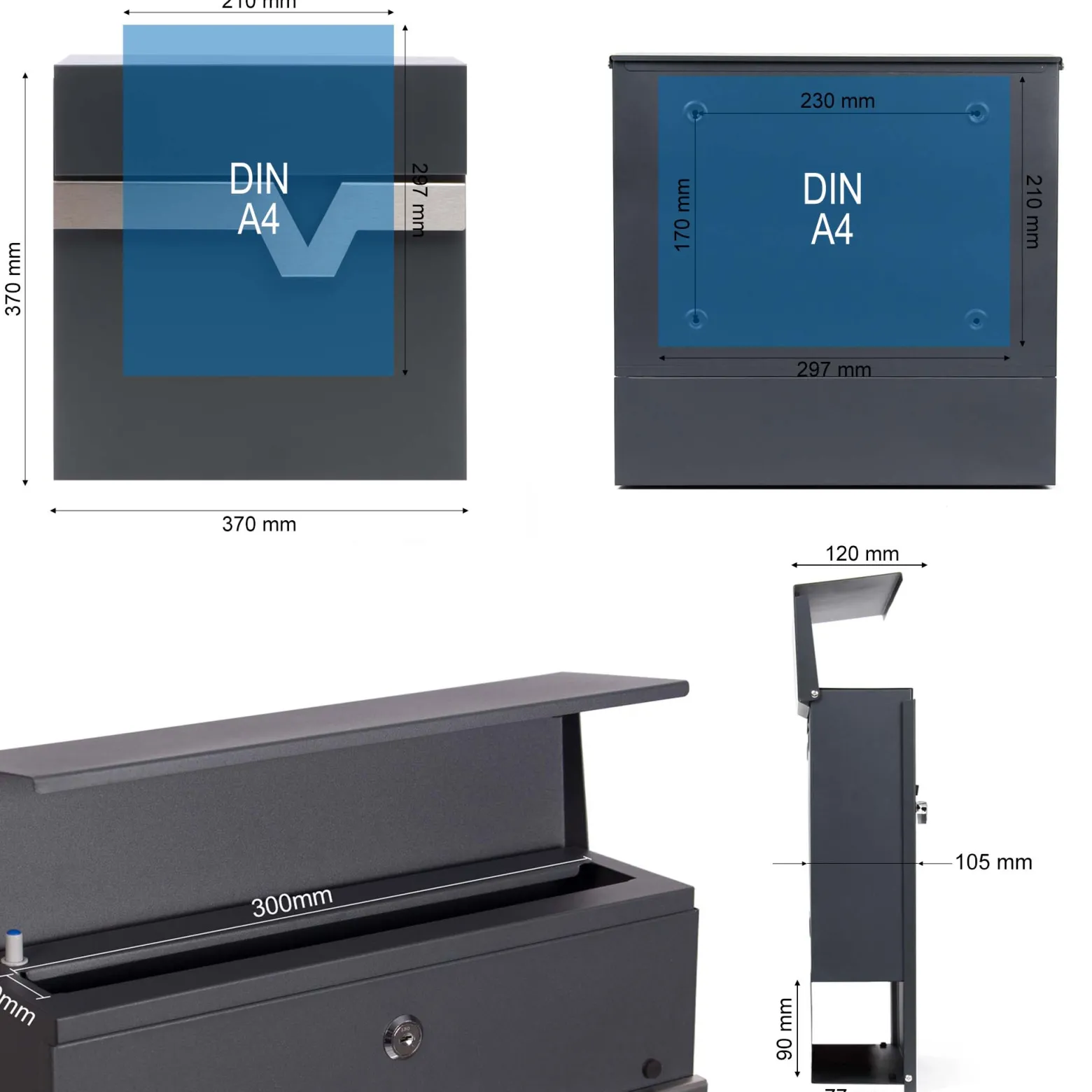 XPOtool Briefkasten V60 Anthrazit und Edelstahl 370 x 105 x 370 mm, Wandbriefkasten mit Schloss, Soft Close Klappe und Zeitungsfach, Postkasten aus Stahl pulverbeschichtet