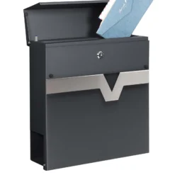 XPOtool Briefkasten V60 Anthrazit und Edelstahl 370 x 105 x 370 mm, Wandbriefkasten mit Schloss, Soft Close Klappe und Zeitungsfach, Postkasten aus Stahl pulverbeschichtet