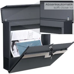 XPOtool Briefkasten V60 Anthrazit und Edelstahl 370 x 105 x 370 mm, Wandbriefkasten mit Schloss, Soft Close Klappe und Zeitungsfach, Postkasten aus Stahl pulverbeschichtet