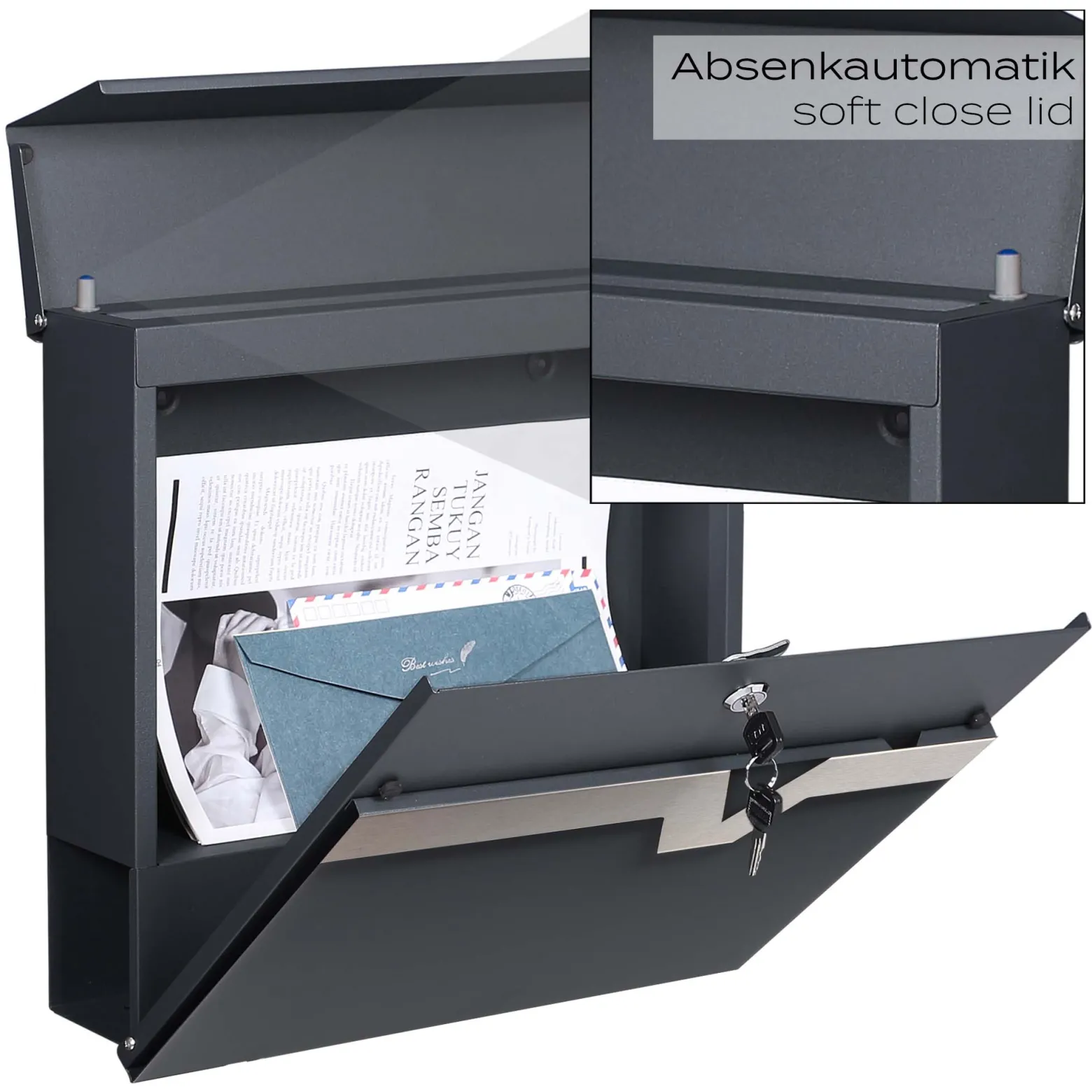 XPOtool Briefkasten V60 Anthrazit und Edelstahl 370 x 105 x 370 mm, Wandbriefkasten mit Schloss, Soft Close Klappe und Zeitungsfach, Postkasten aus Stahl pulverbeschichtet