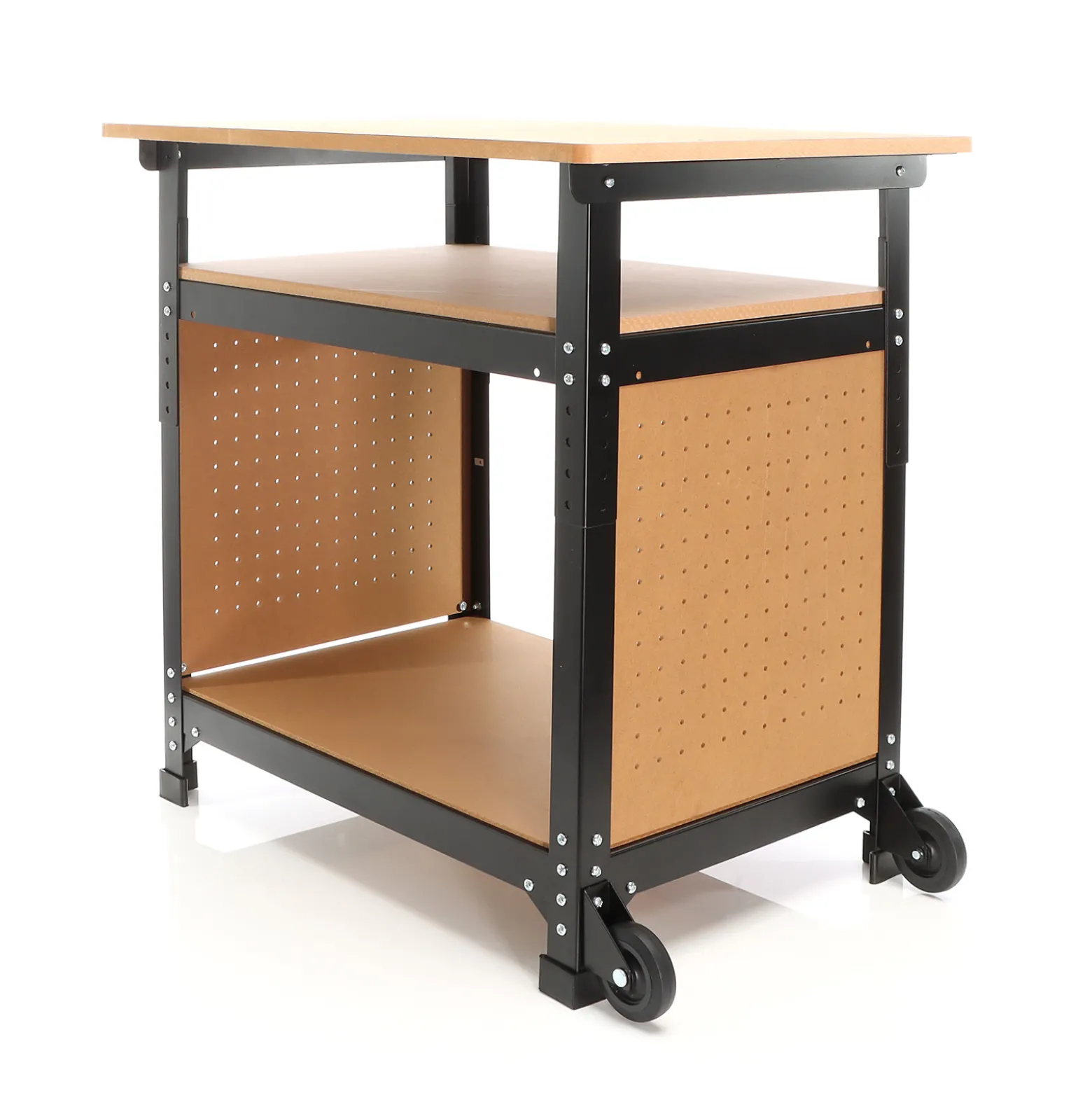 XPOtool Fahrbare Werkbank 69 x 51 x 66 - 82 cm, höhenverstellbarer Werktisch, Arbeitstisch mit 2 Rollen, 2 Ablagen und seitliche Lochwand