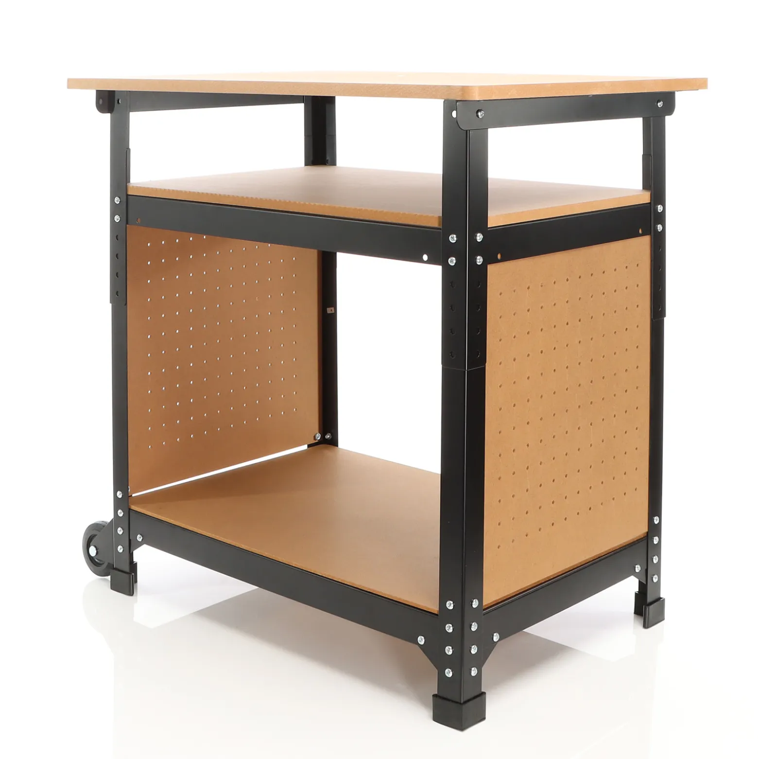 XPOtool Fahrbare Werkbank 69 x 51 x 66 - 82 cm, höhenverstellbarer Werktisch, Arbeitstisch mit 2 Rollen, 2 Ablagen und seitliche Lochwand