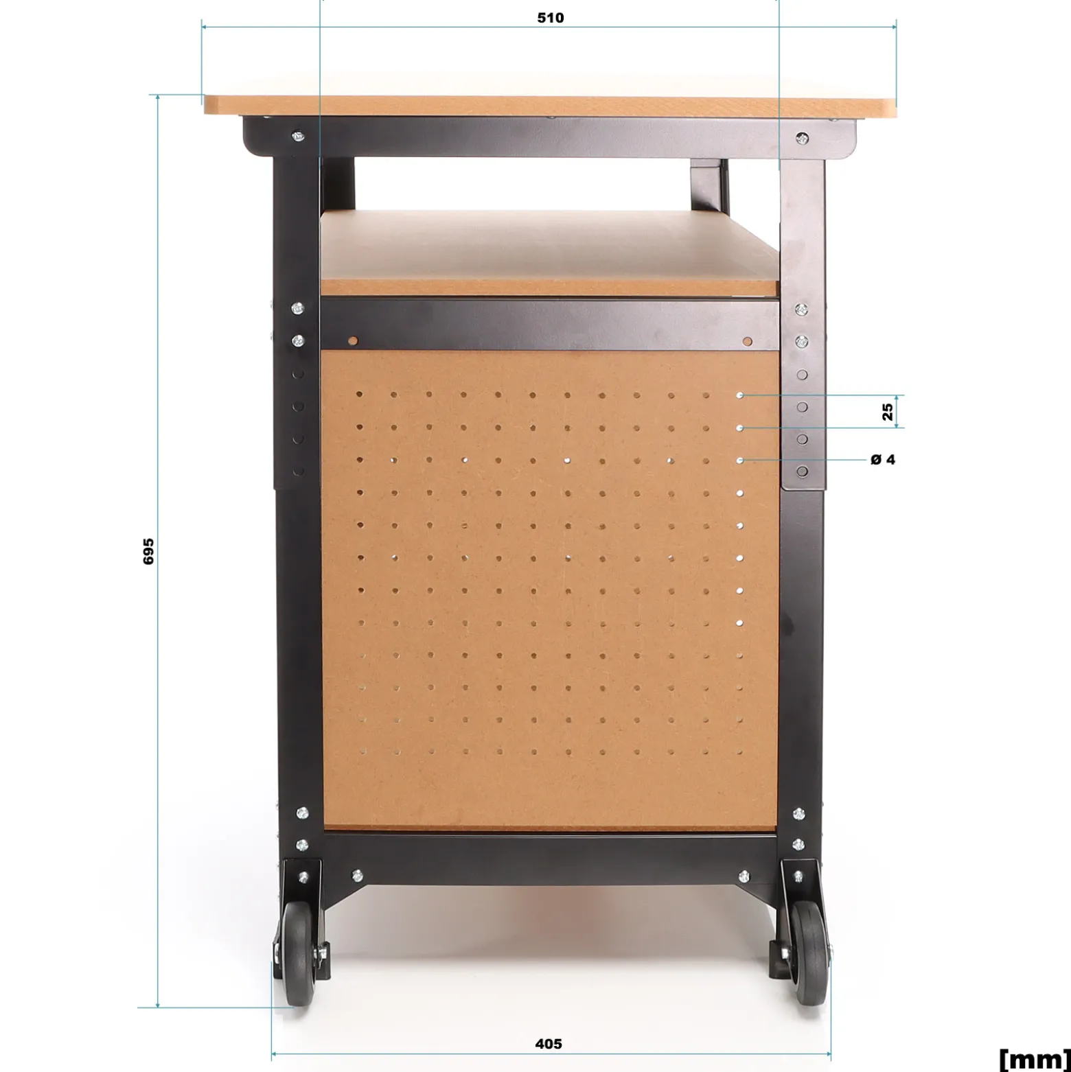 XPOtool Fahrbare Werkbank 69 x 51 x 66 - 82 cm, höhenverstellbarer Werktisch, Arbeitstisch mit 2 Rollen, 2 Ablagen und seitliche Lochwand