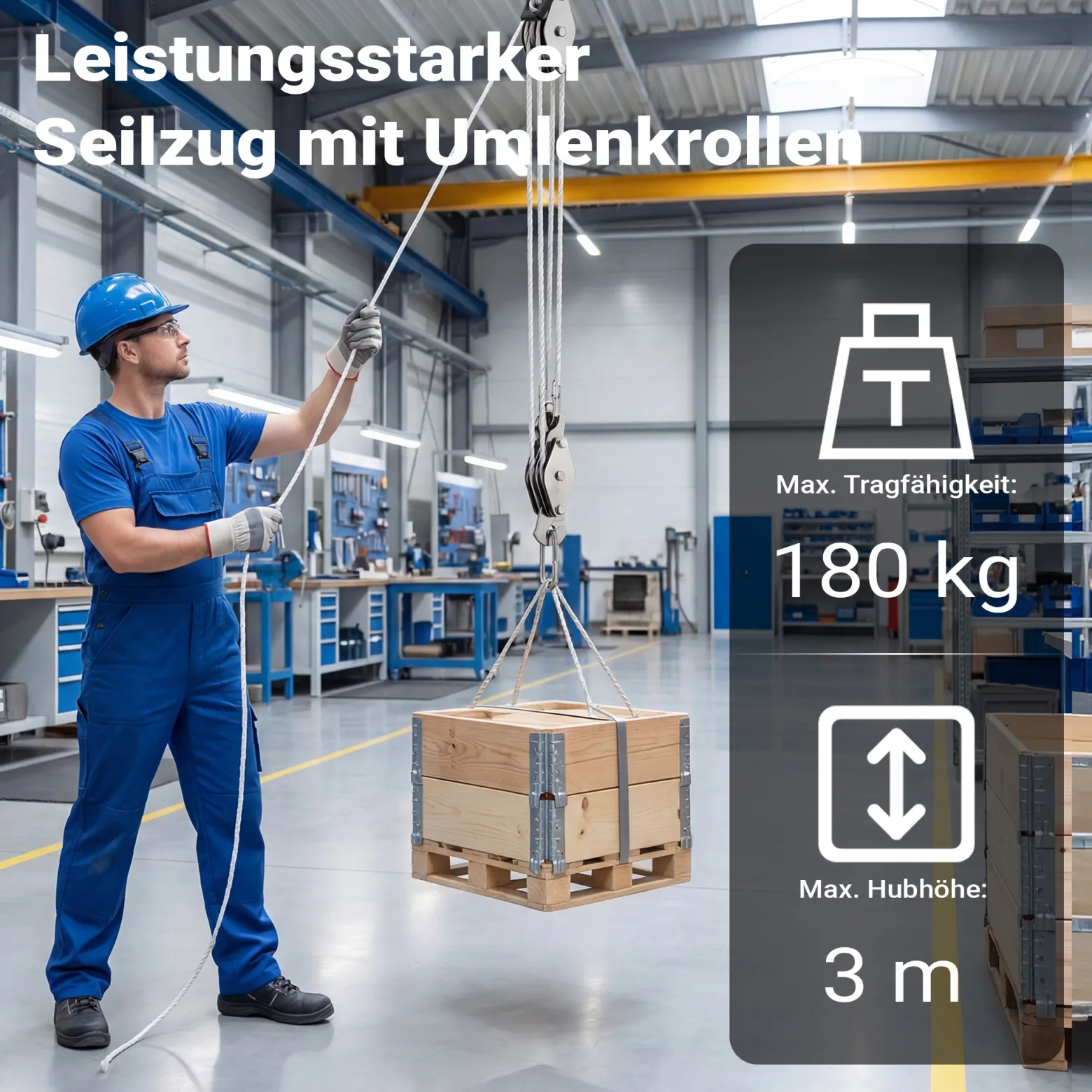 XPOtool Flaschenzug bis 180 kg mit 20 m Nylonseil, Seilzug mit Umlenkrolle und Sicherungsringe, Handseilwinde bis 3 m Hubhöhe, Handseilzug 6:1