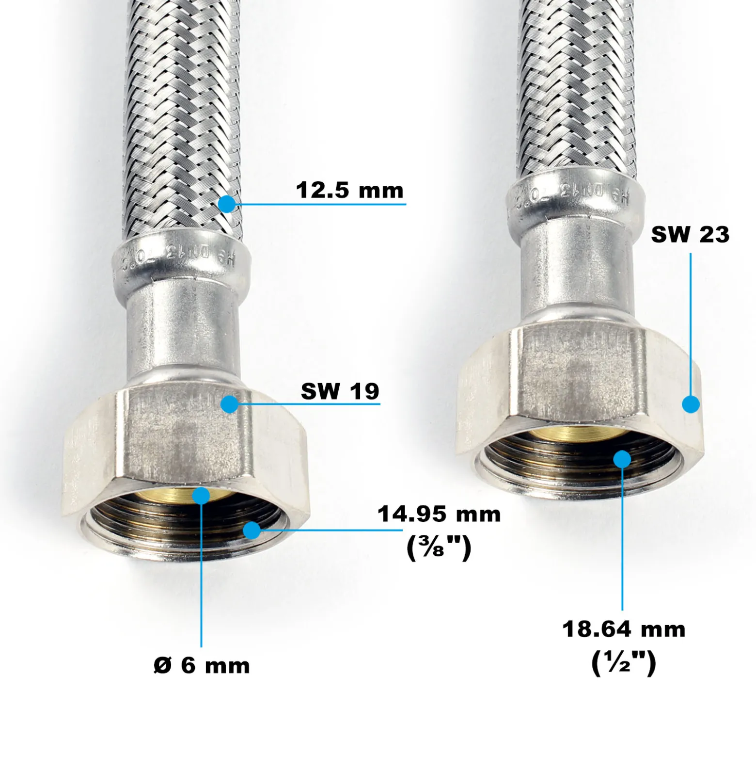 XPOtool Flexschlauch 500 mm Länge, Innendurchmesser DN8, 1/2" Überwurfmutter (18,64 mm), 3/8" Überwurfmutter (14,95 mm), Panzerschlauch Edelstahl EPDM