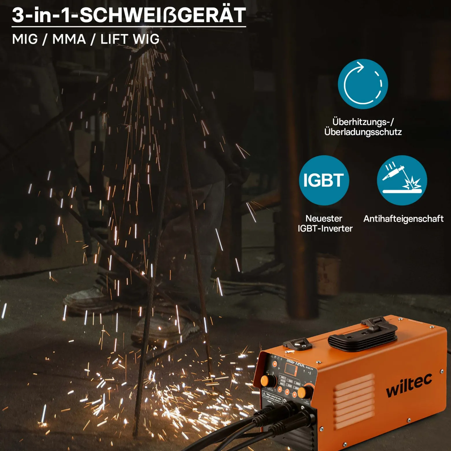 XPOtool IGBT Schweißgerät mit digitales Anzeige 120A, Schweissgerät für MIG, MMA/E-Hand, Flux/Fülldraht WIG/TIG-Schweißen FCAW