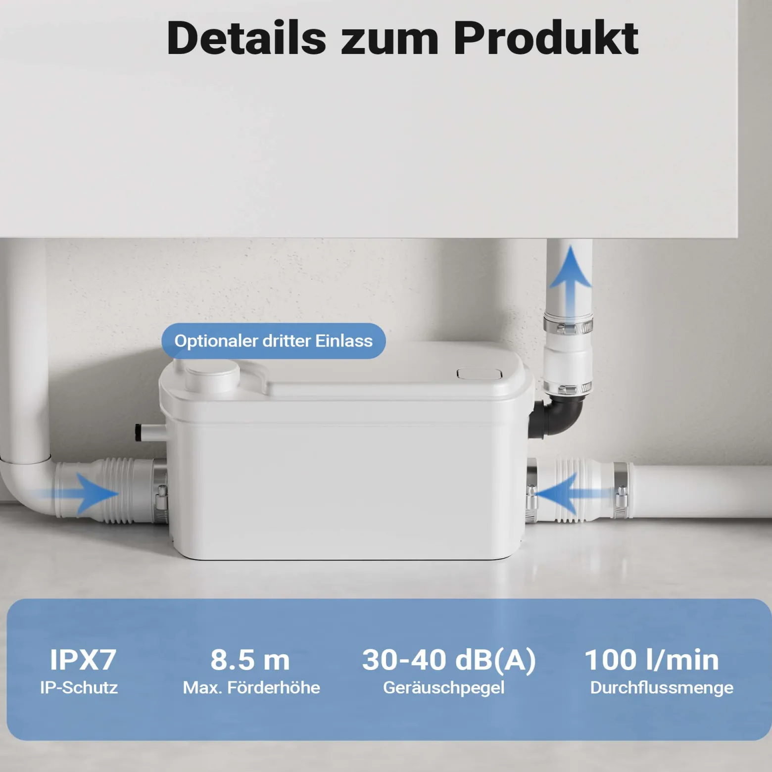 XPOtool 3/1 Kleinhebeanlage 250 W mit 3 Einlässen, Hebeanlage bis 8,5 m Höhe, Abwasserhebeanlage z. B. für WC und Dusche, kompakte Fäkalienhebeanlage