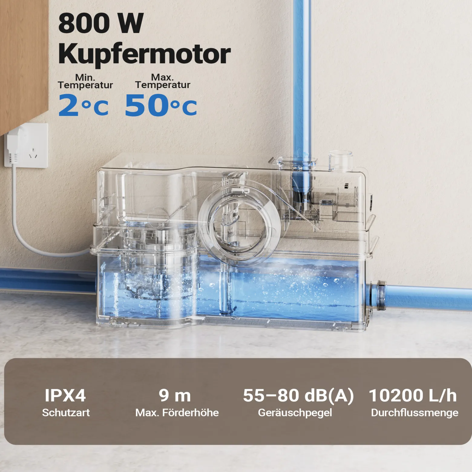 XPOtool 4/2 Kleinhebeanlage 800 W mit Häcksler, Hebeanlage bis 9 m Höhe, Abwasserhebeanlage mit 4 Einlässen, Fäkalienhebeanlage für WC und Dusche