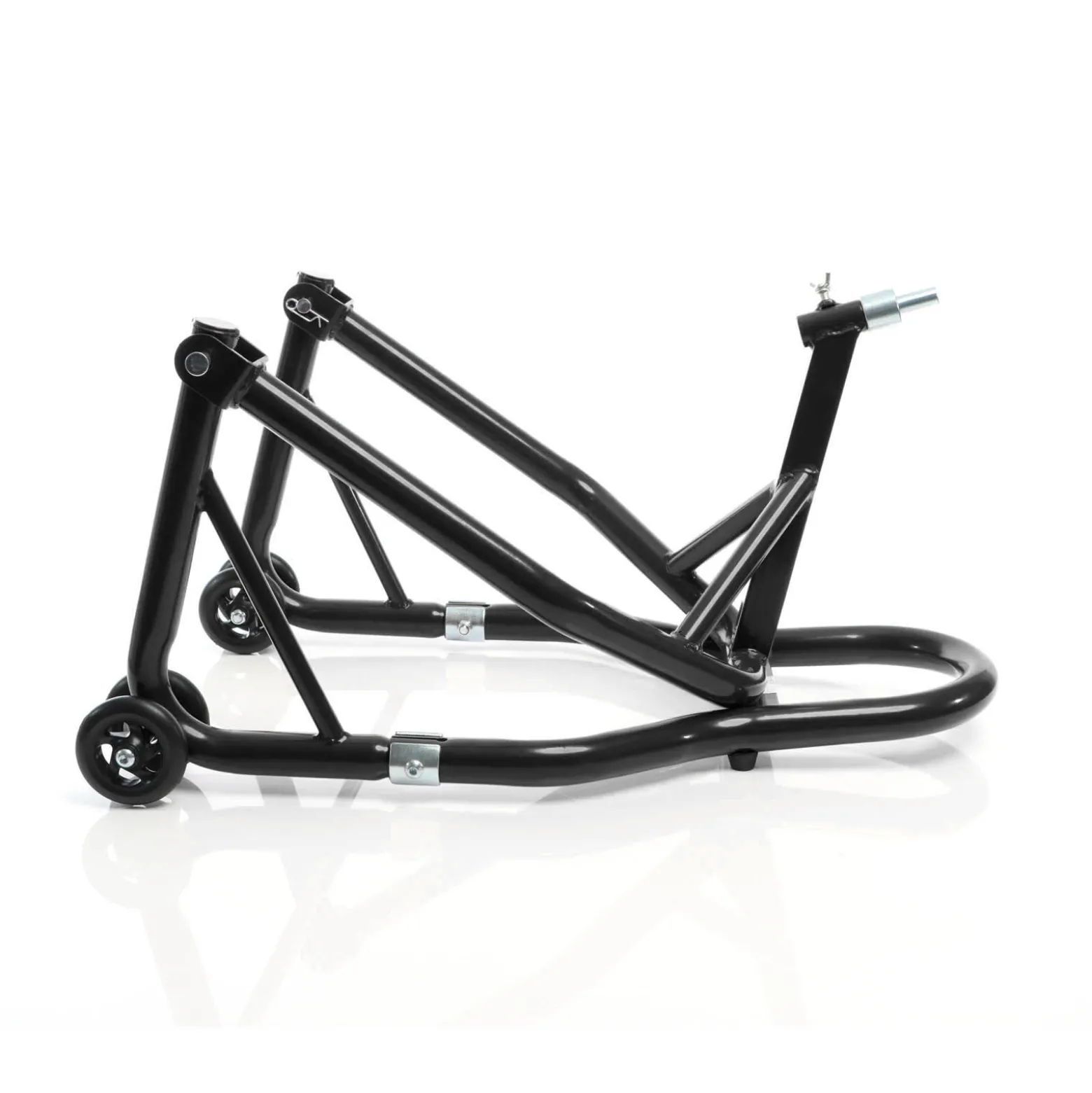 XPOtool Lenkkopf-Montageständer 13-18 mm für Motorrad bis 250 kg inkl. 5 Adapter, Lenkkopfständer für Vorderrad, Motorradständer aus Stahl