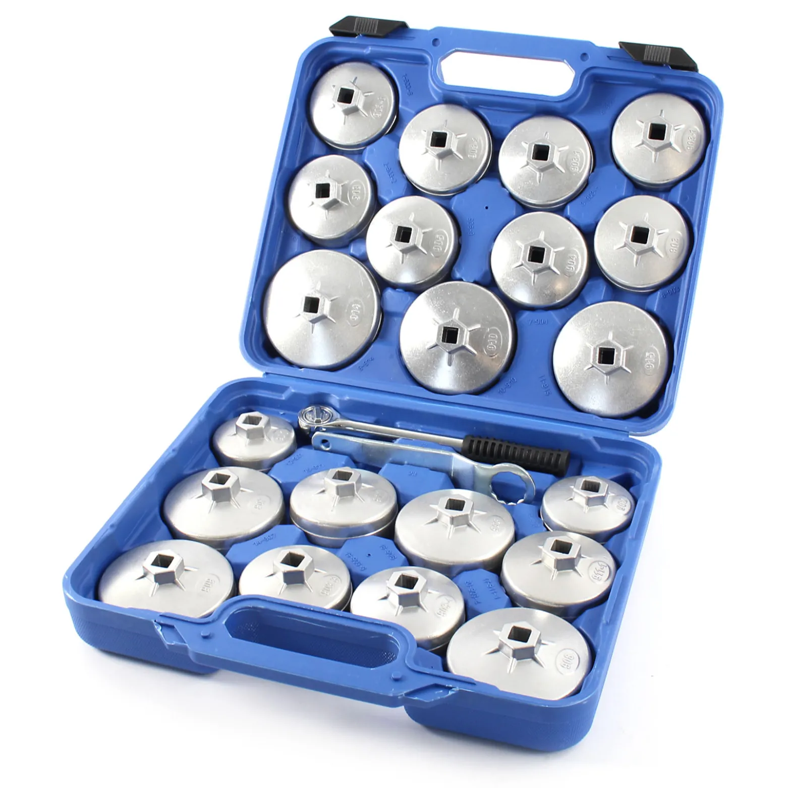 XPOtool Ölfilterkappen Set 23-teilig, Ölfilterschlüssel 65-101 mm, inklusive Ratsche und Ringschlüssel, im Werkzeugkoffer, Ölwechsel Werkzeug aus Aluminium Druckguss
