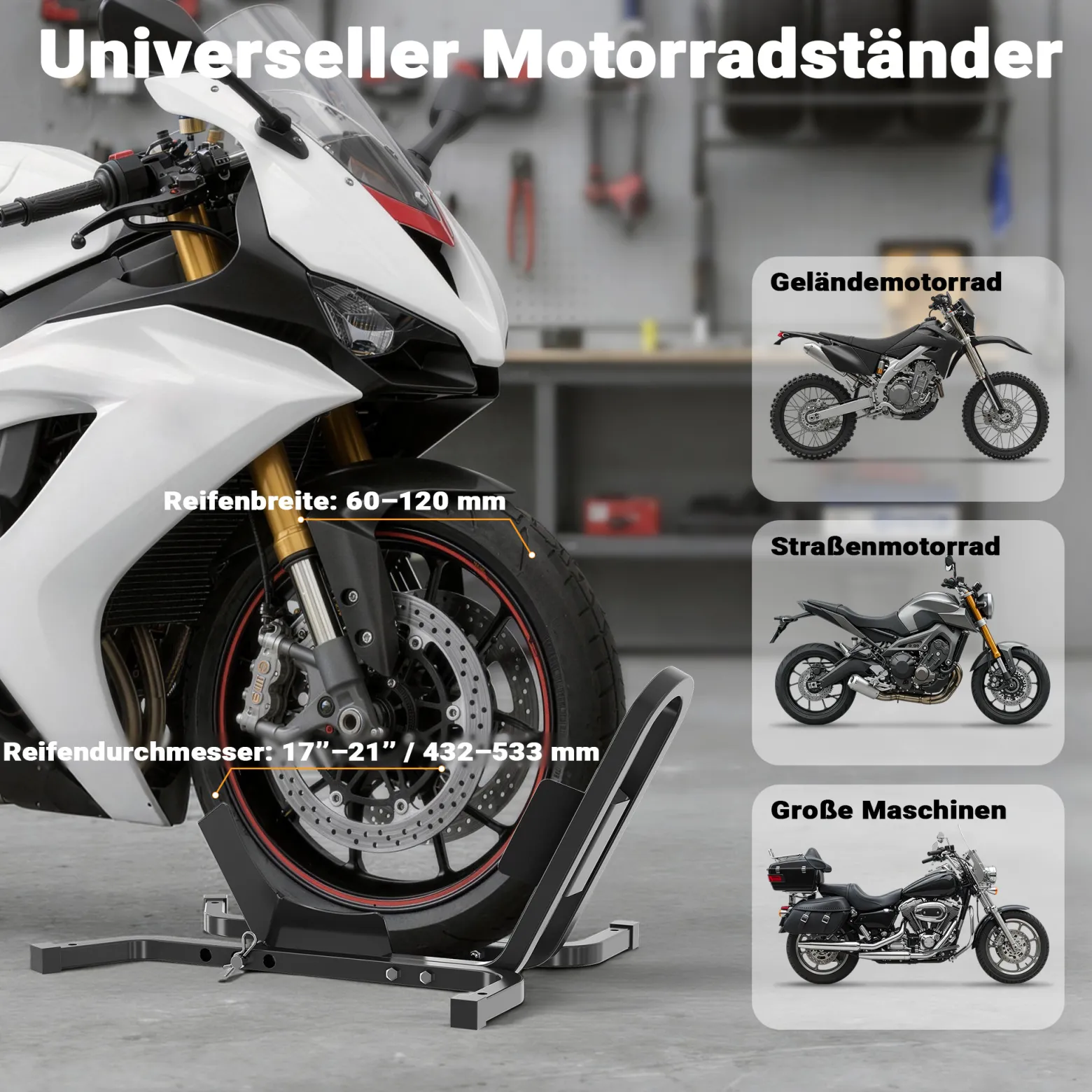 XPOtool Motorradständer für 17-21", 60-120 mm Vorderrad, einstellbare Motorradwippe aus Stahl, als Transportständer und Montageständer