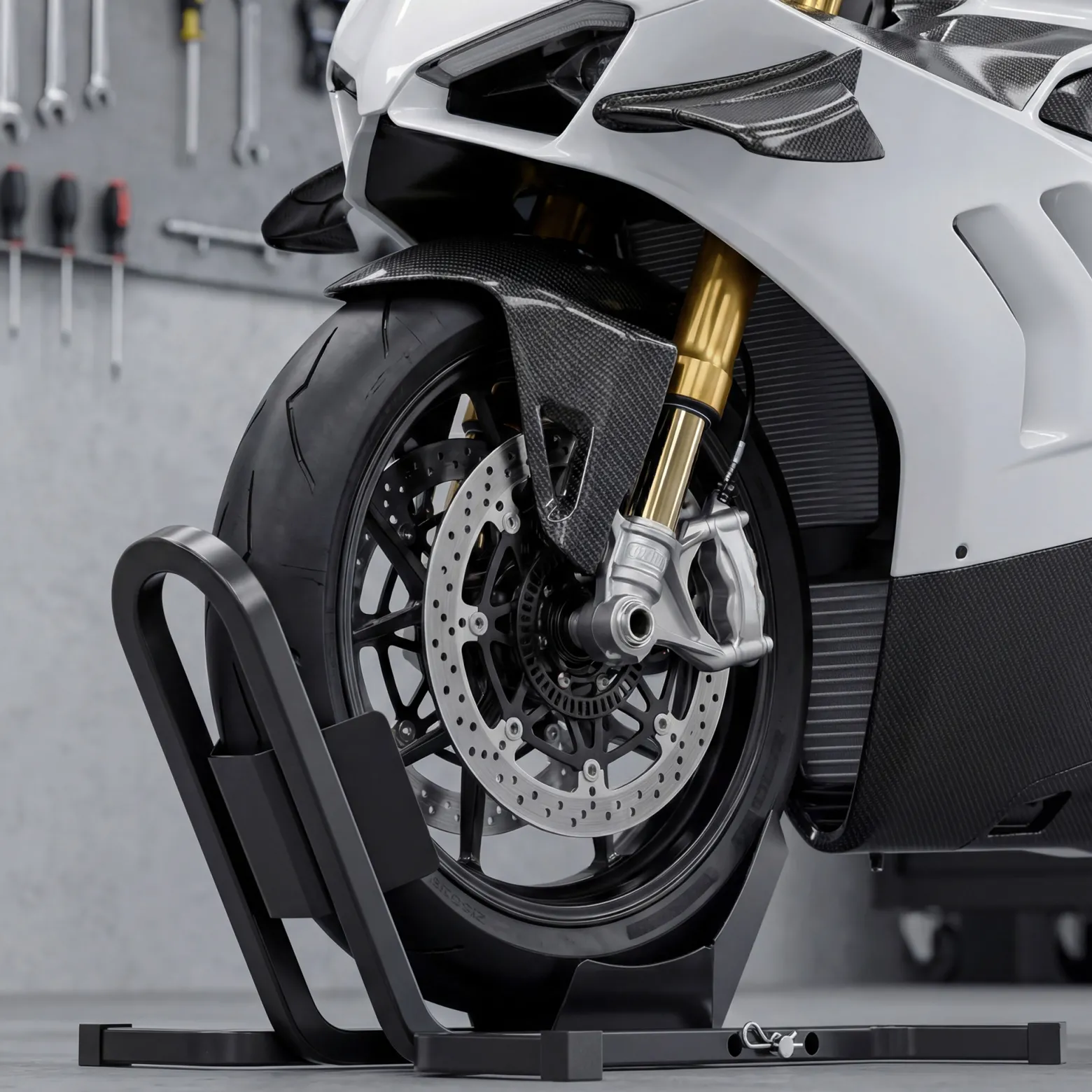 XPOtool Motorradständer für 17-21", 60-120 mm Vorderrad, einstellbare Motorradwippe aus Stahl, als Transportständer und Montageständer