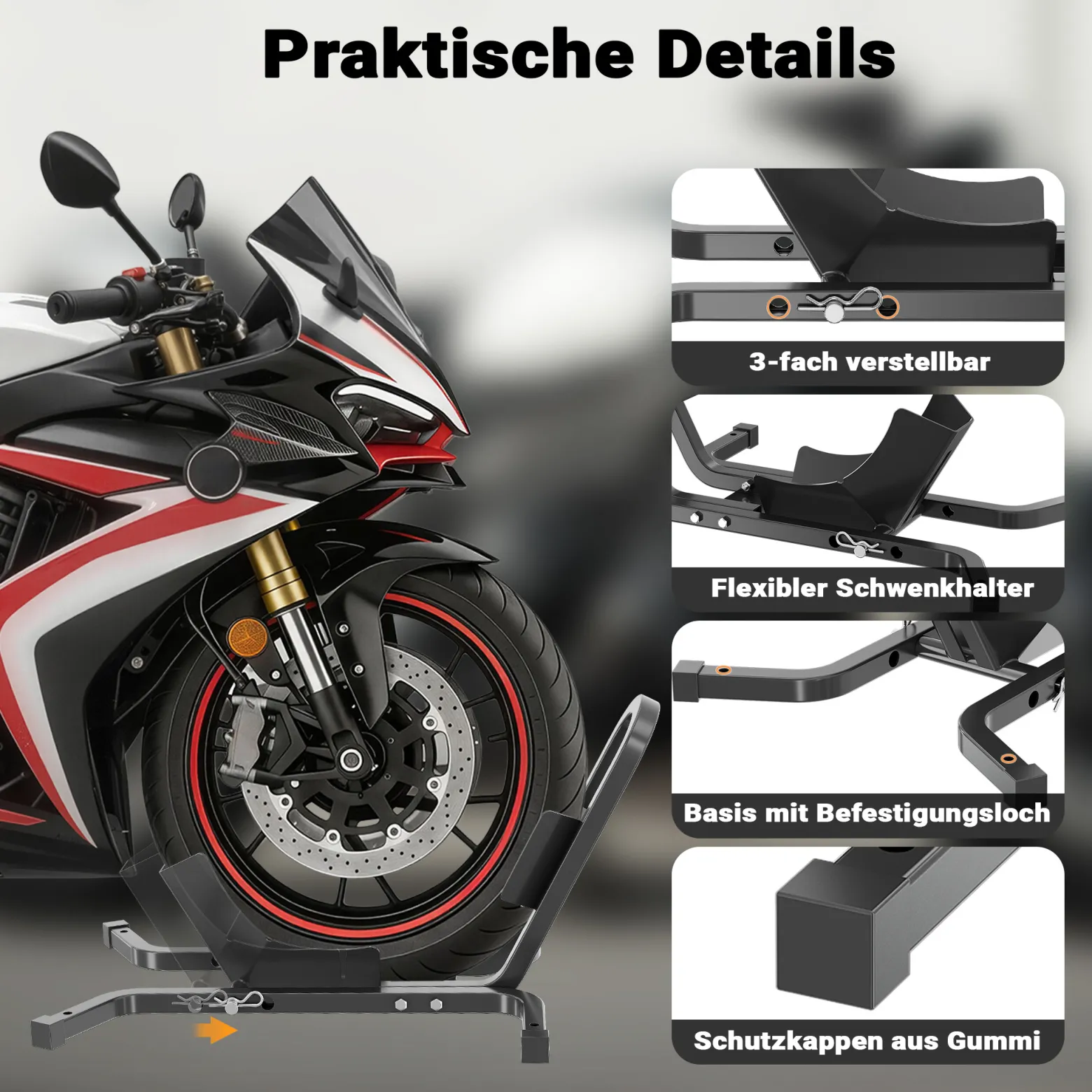 XPOtool Motorradständer für 17-21", 60-120 mm Vorderrad, einstellbare Motorradwippe aus Stahl, als Transportständer und Montageständer