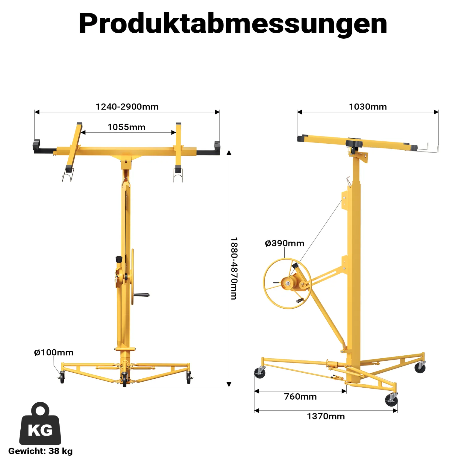 XPOtool Plattenheber bis max. 68 kg, Höhe 188-487 cm, Montagehilfe für Trockenbau, Paneelheber schwenkbar, neigbar mit 3 Rädern mit Feststellbremse, gelb