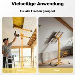 XPOtool Plattenheber bis max. 68 kg, Höhe 188-487 cm, Montagehilfe für Trockenbau, Paneelheber schwenkbar, neigbar mit 3 Rädern mit Feststellbremse, gelb