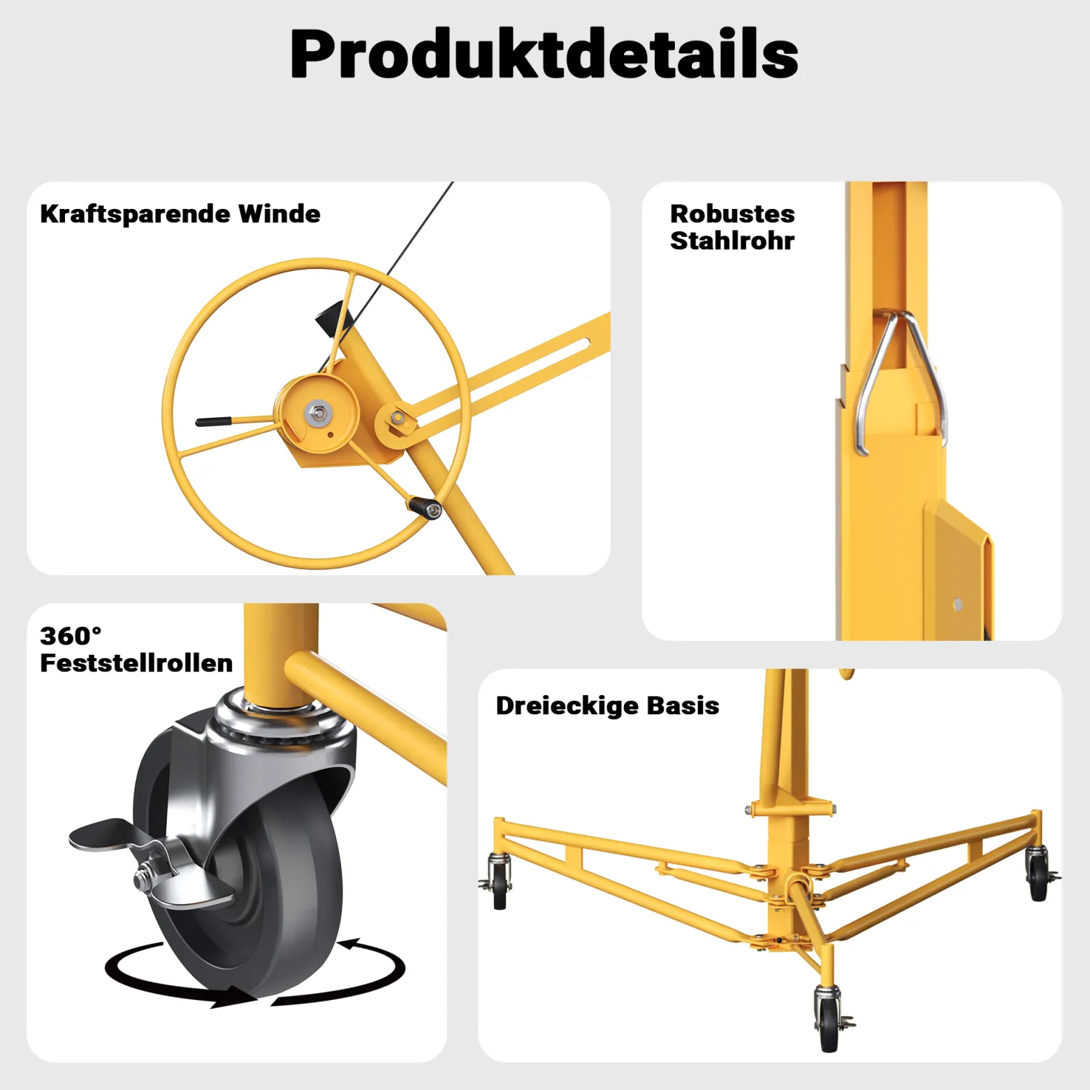 XPOtool Plattenheber bis max. 68 kg, Höhe 188-487 cm, Montagehilfe für Trockenbau, Paneelheber schwenkbar, neigbar mit 3 Rädern mit Feststellbremse, gelb