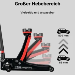XPOtool Rangierwagenheber hydraulisch 3t, 85-500mm Hubhöhe, Fahrbarer Wagenheber, Autoheber mit Doppelkolben und vier Rollen