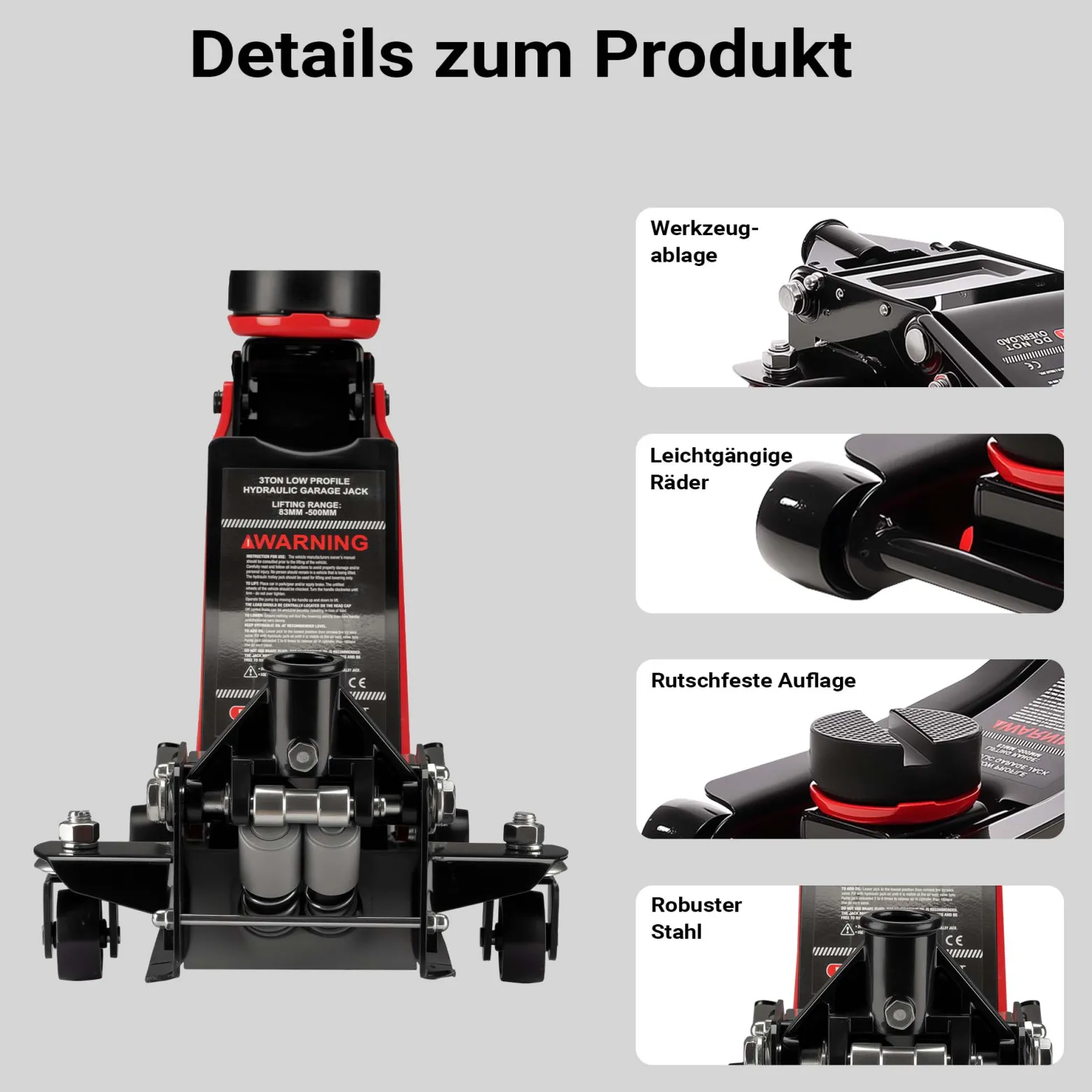 XPOtool Rangierwagenheber hydraulisch 3t, 85-500mm Hubhöhe, Fahrbarer Wagenheber, Autoheber mit Doppelkolben und vier Rollen