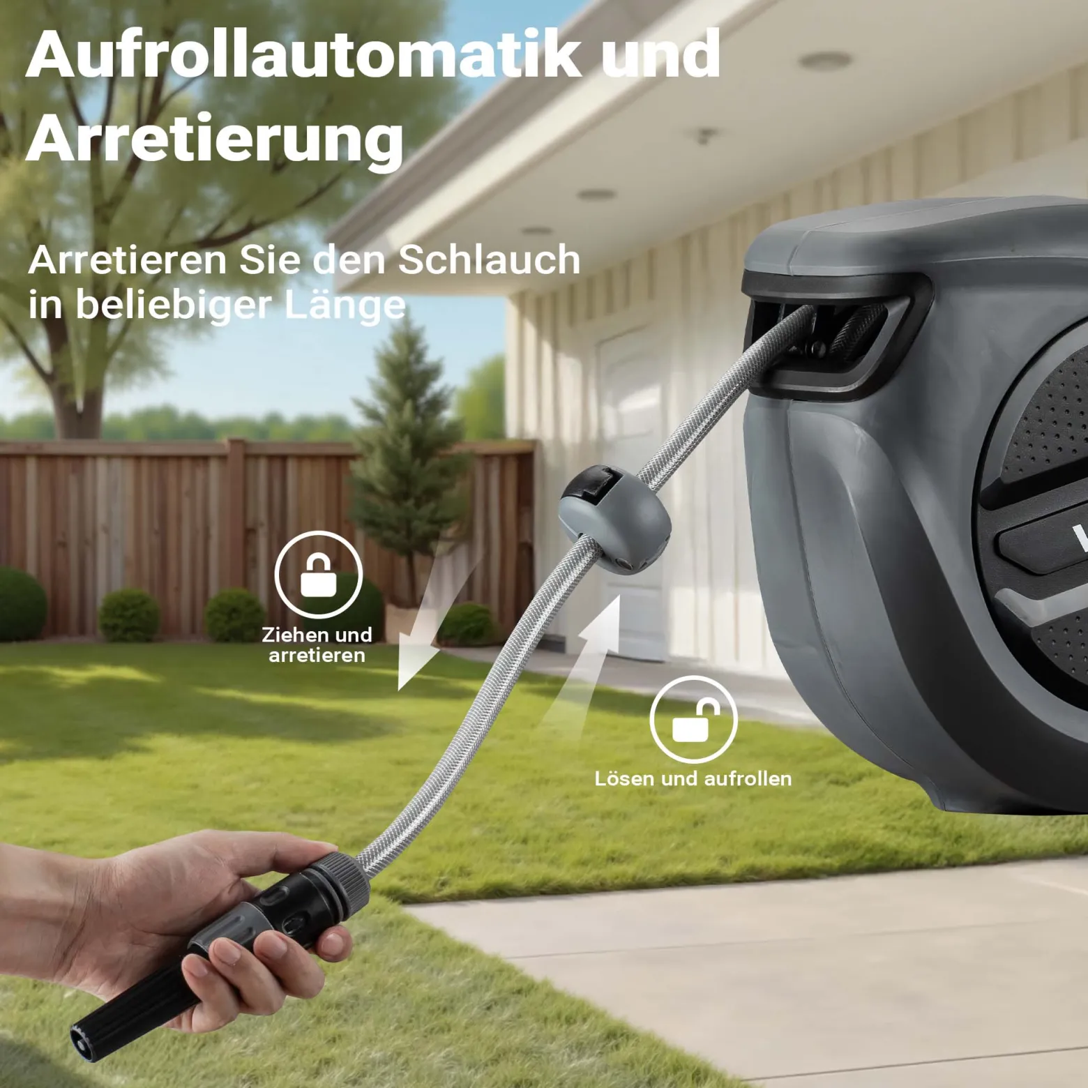 XPOtool Schlauchtrommel, Wand Schlauchbox mit Aufroll-Automatik und 15m Wasserschlauch, Gartenbewässerung
