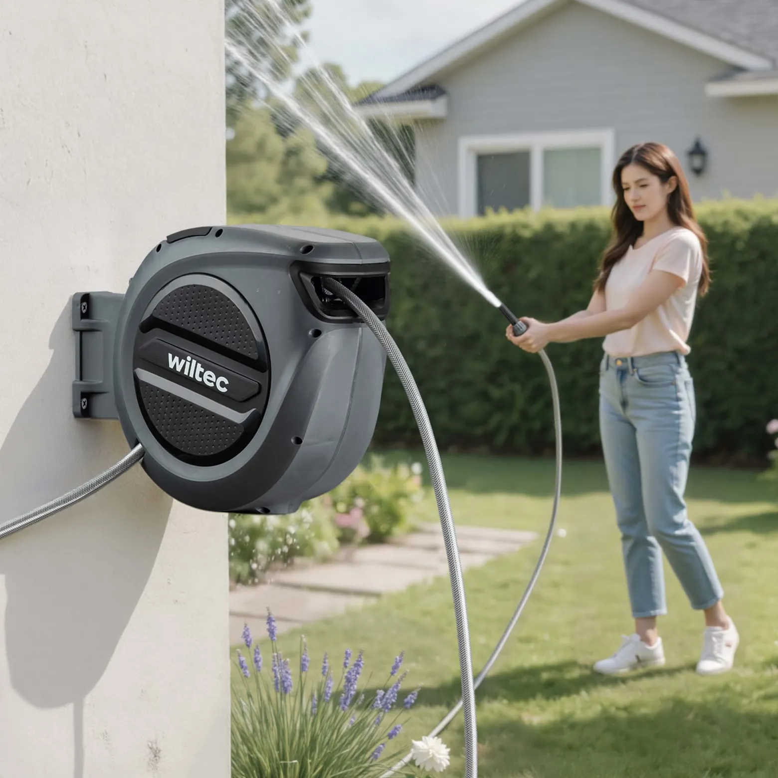 XPOtool Schlauchtrommel, Wand Schlauchbox mit Aufroll-Automatik und 15m Wasserschlauch, Gartenbewässerung