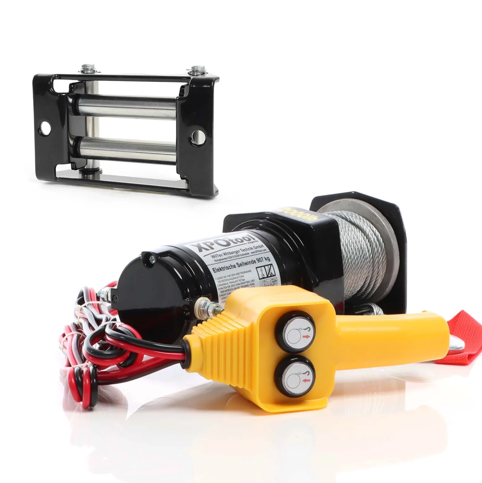 XPOtool Set Elektrische Seilwinde 907kg 12V, Seilzug mit 12,5m Stahlseil, 1PS Motorwinde u. Rollenfenster, Windenfenster mit 4 Rollen Lochabstand 109mm, Seilrollenfenster
