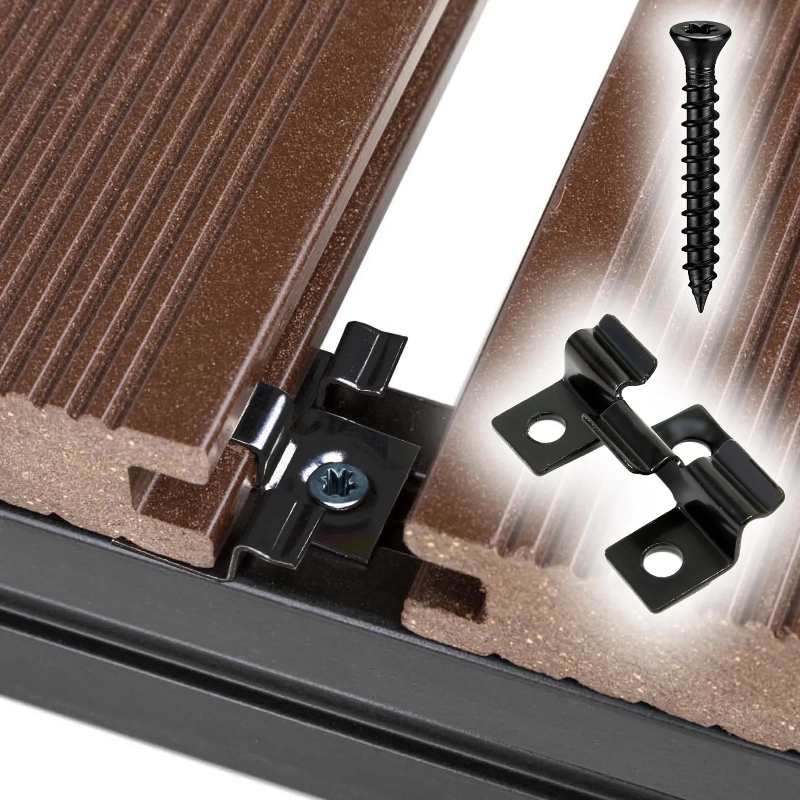 XPOtool Set 50x Edelstahl Clips 6 mm, schwarz, 60x Sechsrund Schrauben 3,5x20 mm T15 zur Montage von Terrassendiele mit 6 mm Nut