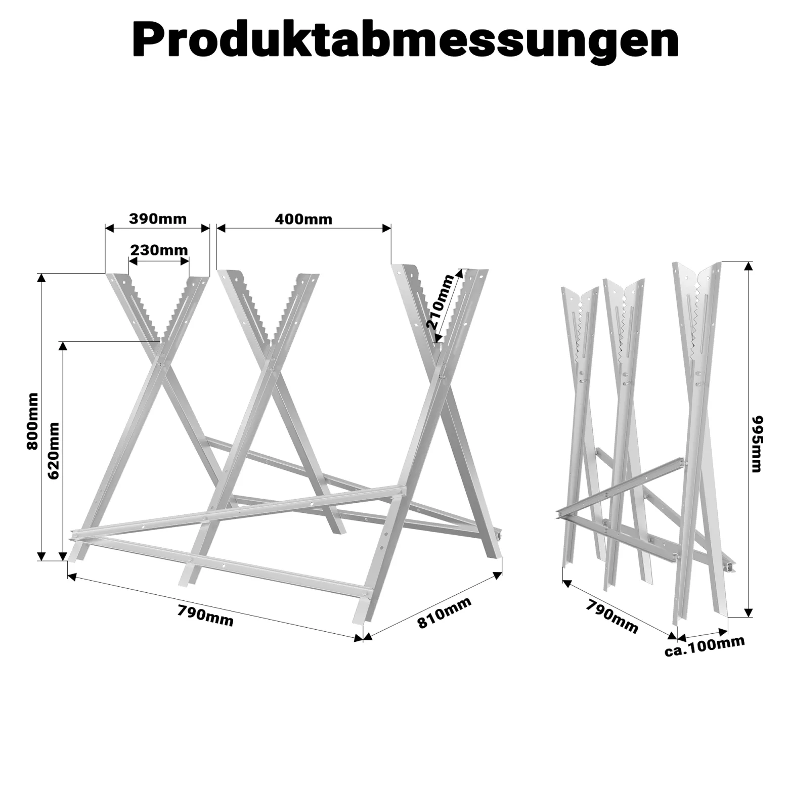 XPOtool Sägebock verzinkt klappbar, 79x81x80 cm, mit 3 Haltern und Zahnung, Holzschneidebock als Sägehilfe, bis 100 kg