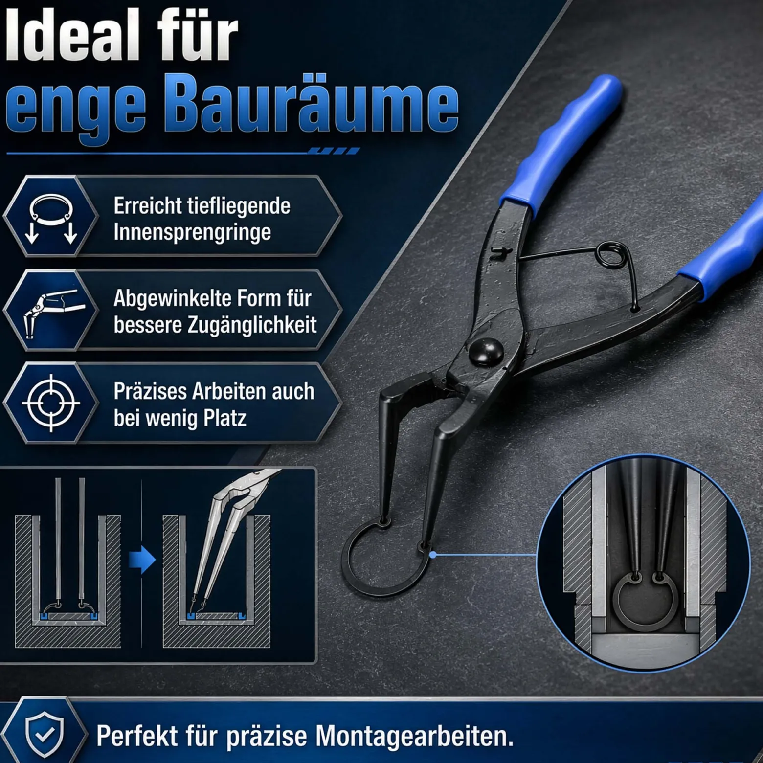 XPOtool Sprengring Zange 90° Winkel, 65 mm lange Spitzen, Seegeringzange aus Carbonstahl für Innenringe Innensprengringe, Sicherungszange mit rutschfestem Griff