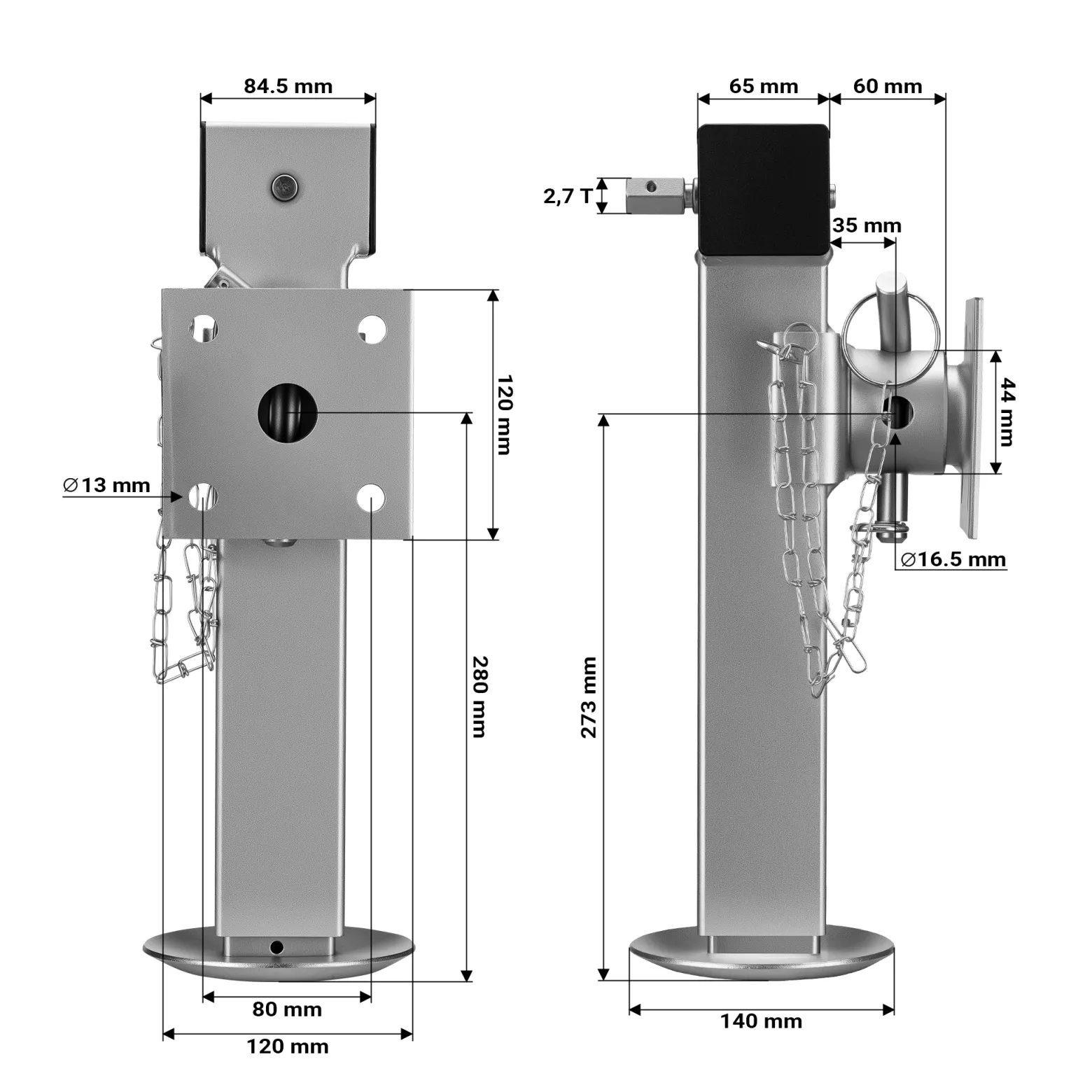 XPOtool Stützen Set für Kipper Hochlader Anhänger, 140 x 140 x 415 mm, Stützlast 1350 kg pro Stütze, Hub 240 mm, klappbare Stützfüße