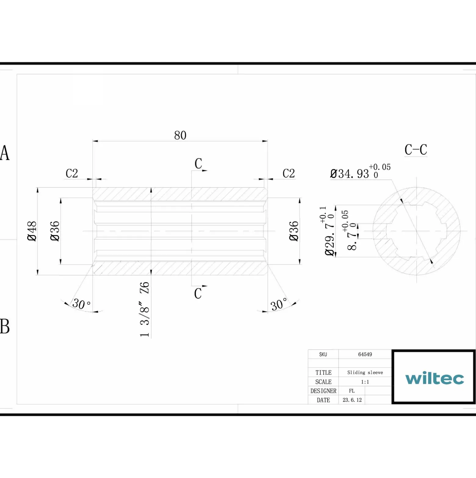Zapfwellen Buchse B-Typ 80 mm für Vielkeilwelle PTO-Shaft mit 1 3/8" Z6 6 Nuten Traktor Anbaugerät