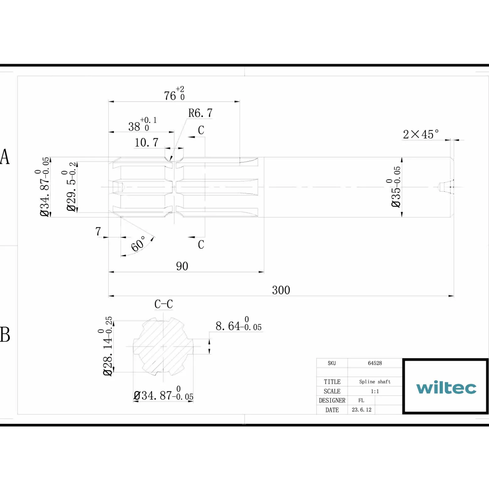 Zapfwellen Keilwelle B1 300 mm Vielkeilwelle für PTO-Shaft mit 1 3/8" Z6 6 Zähne Traktor Anbaugerät
