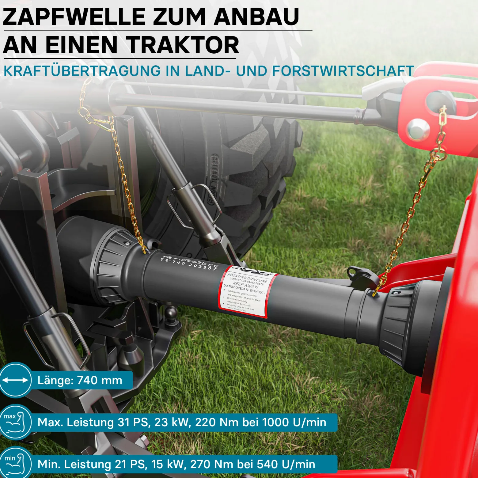 Zapfwelle T2 Gelenkwelle 740mm 270Nm 540U/min, PTO-Shaft, 23kW (31PS), 2x 1 3/8" 6 Zähne