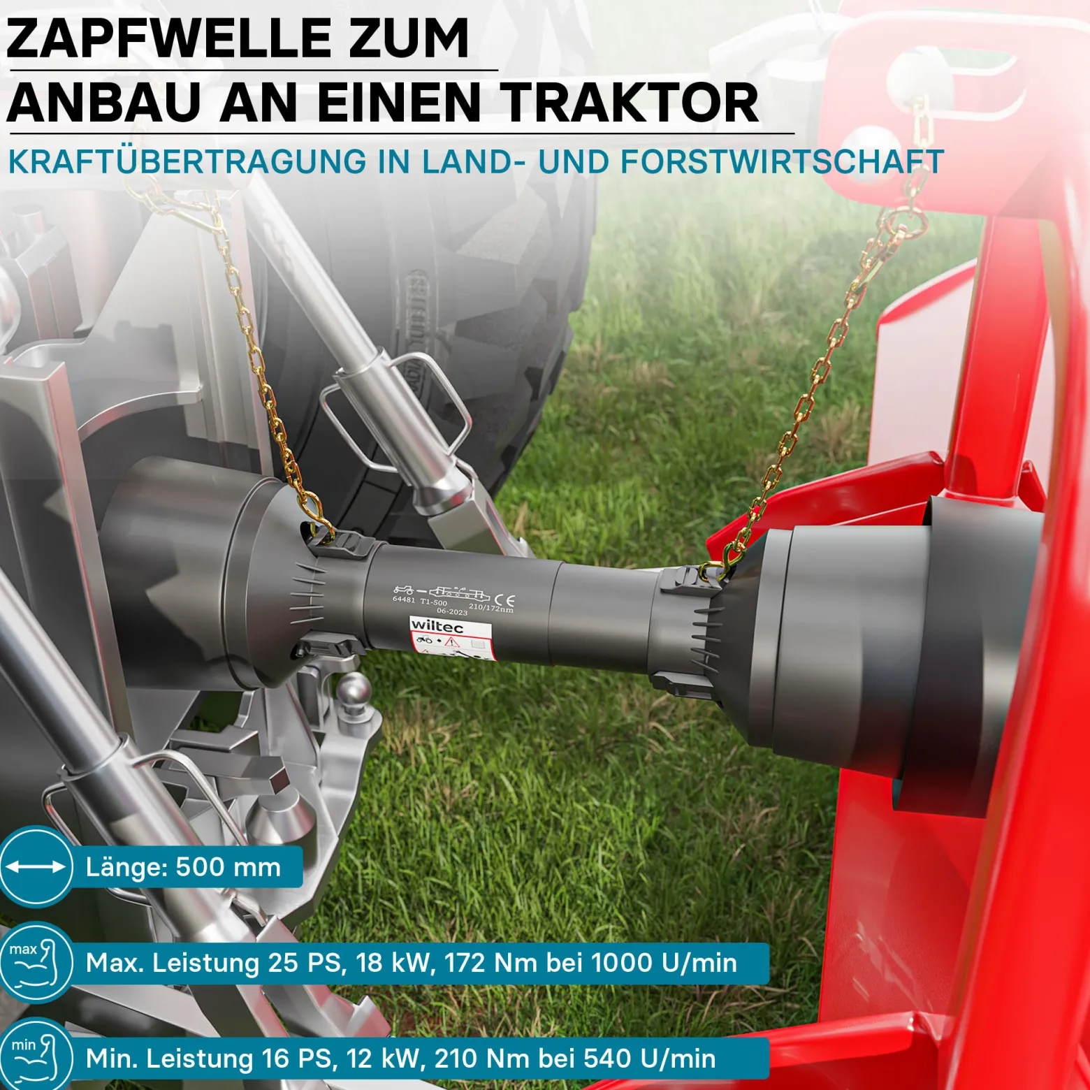 Zapfwelle T1 Gelenkwelle 500mm 210Nm 540U/min, PTO-Shaft, 18kW (25PS), 2x 1 3/8" 6 Zähne