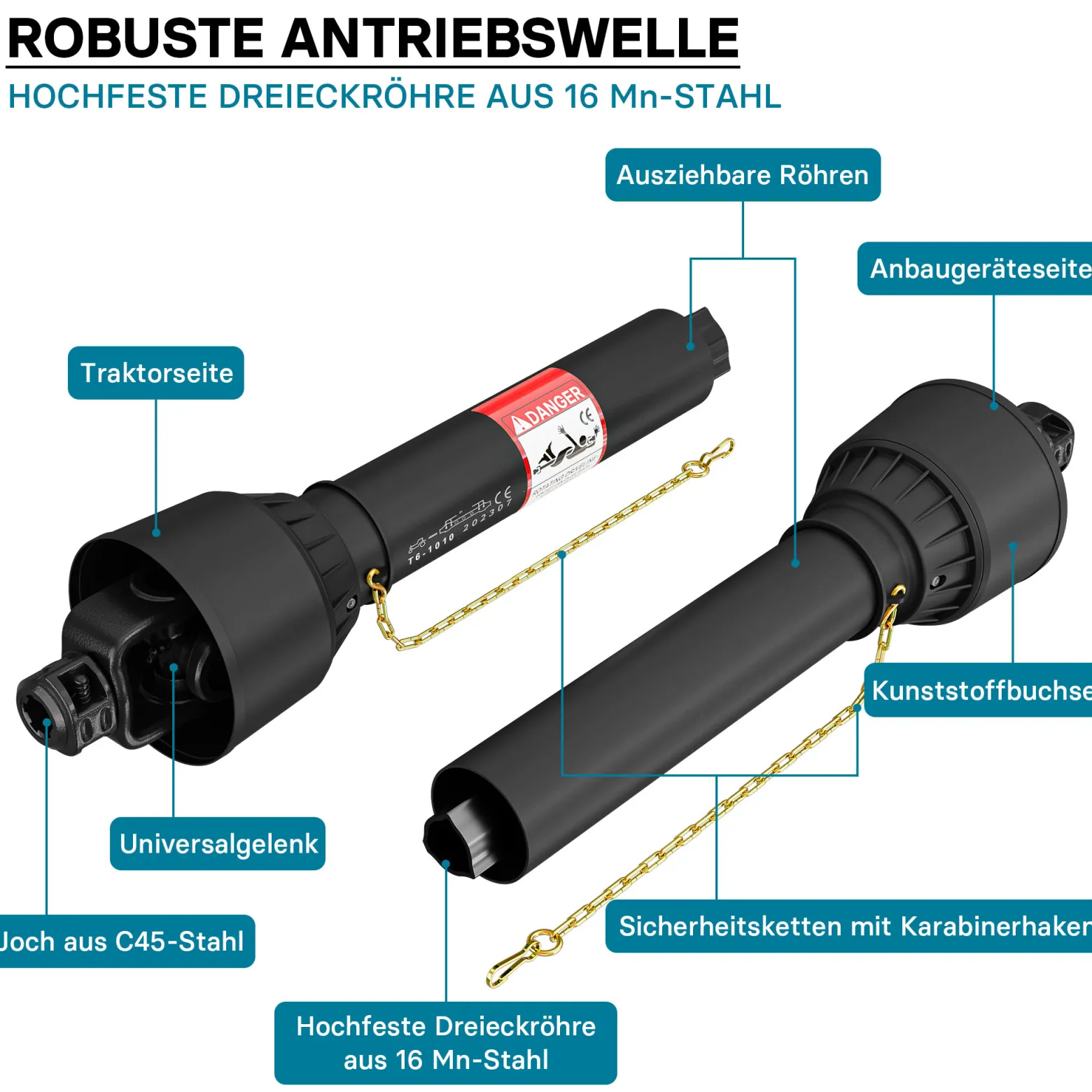 Zapfwelle T6 Gelenkwelle 1010-1111mm 830Nm 540U/min, PTO-Shaft, 74kW (100PS), 2x 1 3/8" 6 Zähne