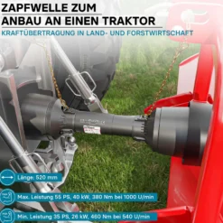Zapfwelle T4 Gelenkwelle 520mm 460Nm 540U/min, PTO-Shaft, 40kW (55PS), 2x 1 3/8